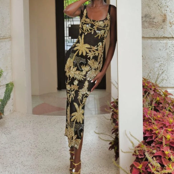 Tropica Black Gold Mesh Hand Beaded Maxi Dress