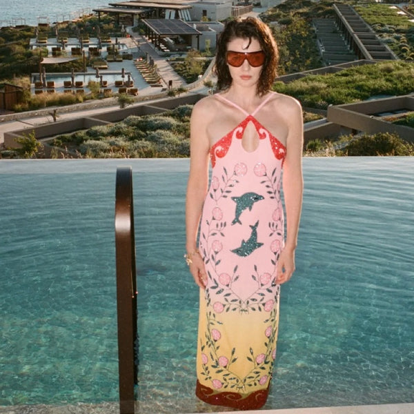 Dolphin Sunset Halterneck Hand Beaded Maxi Dress