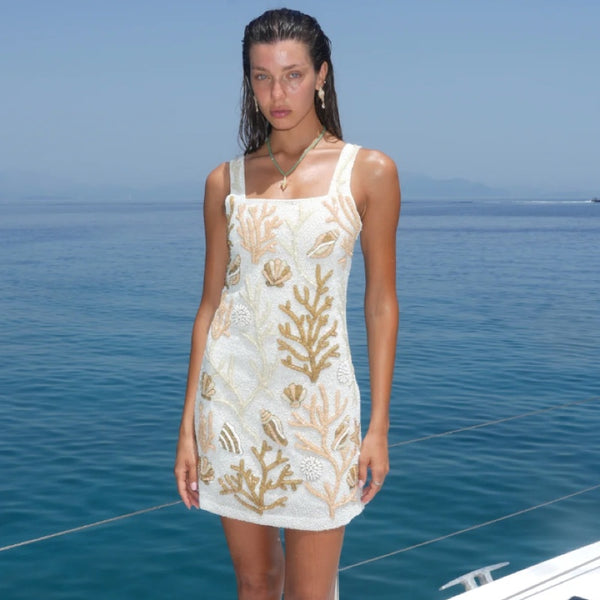 Ocean Treasure White and Gold Beaded Mini Dress
