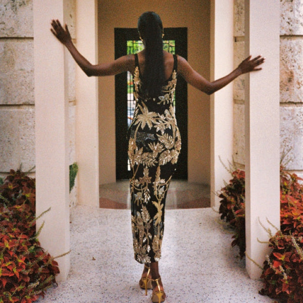 Tropica Black Gold Mesh Hand Beaded Maxi Dress