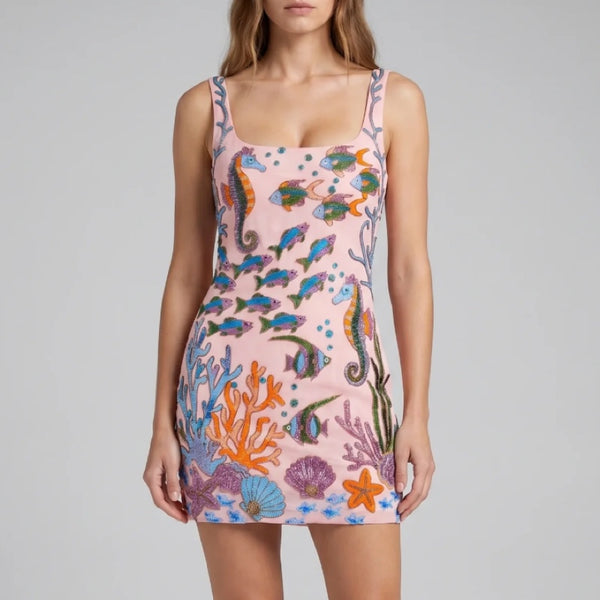 Coraline Colorful Hand-Beaded Mini Dress in Pink