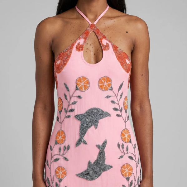 Dolphin Sunset Halterneck Hand Beaded Maxi Dress
