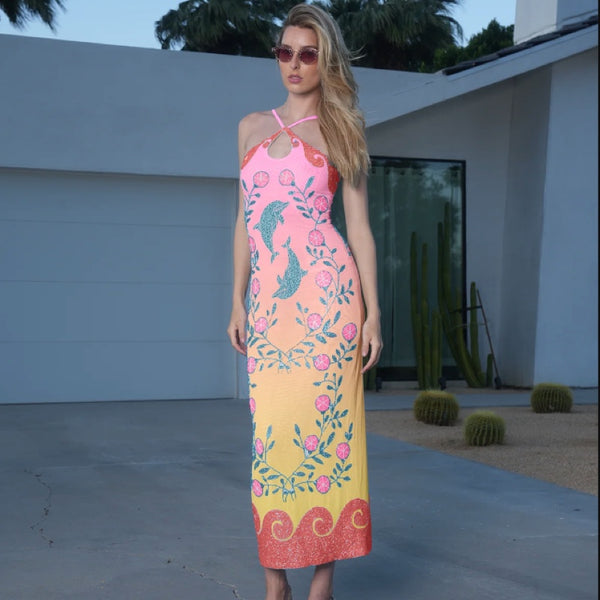 Dolphin Sunset Halterneck Hand Beaded Maxi Dress
