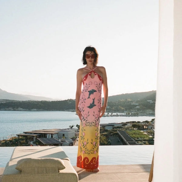 Dolphin Sunset Halterneck Hand Beaded Maxi Dress