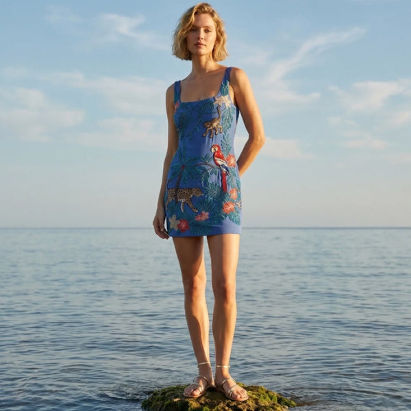 Tropica Hand-Embroidery Mini Dress in Navy