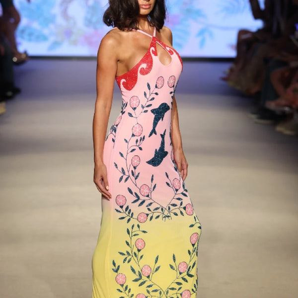 Dolphin Sunset Halterneck Hand Beaded Maxi Dress