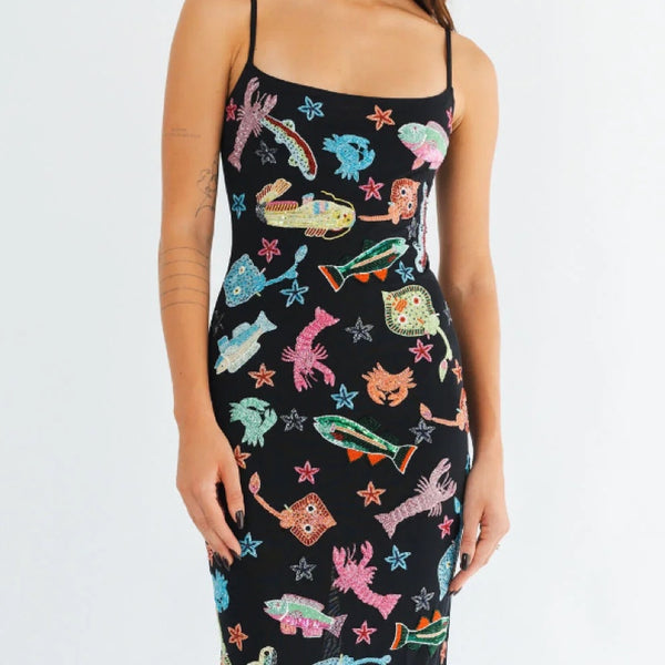 Arizona Hand Beaded Midi Dress - Black