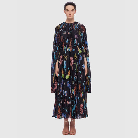 Esme Bell Sleeve Midi Dress - Twilight Print in Black