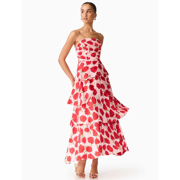 Melia Tiered Gown in Pink & Red Floral - S