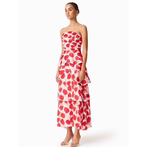 Melia Tiered Gown in Pink & Red Floral - S