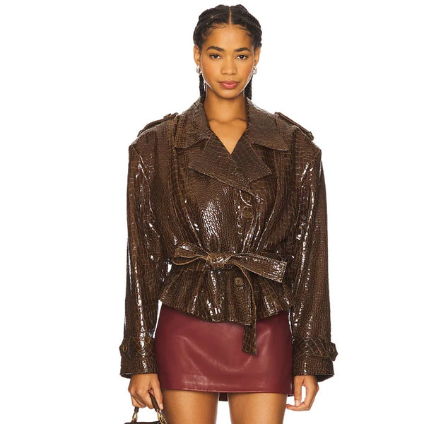 Brooklyn Trench Leather Coat Brown - S (B)