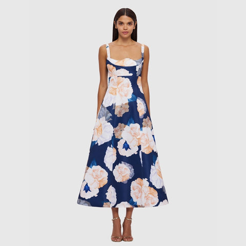 Odette Midi Dress Rose Bud Print in Navy