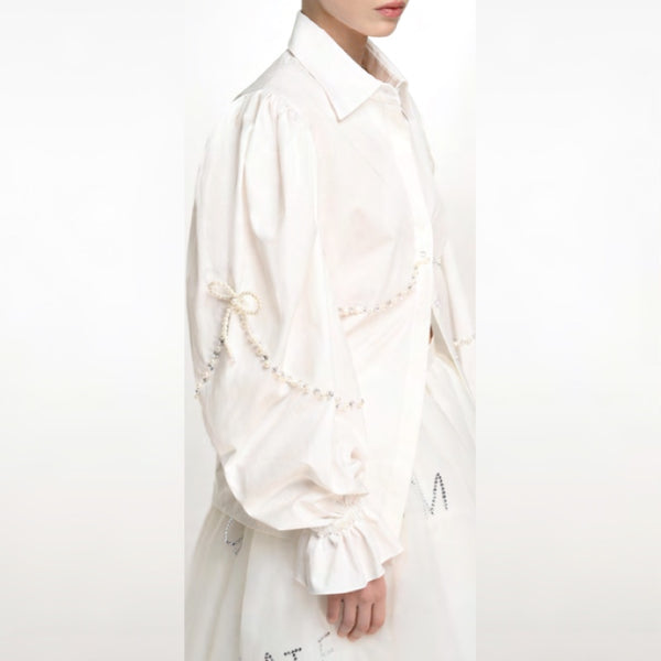 White Cotton Embellished Shirt With Pearls And Crystals -XS - S