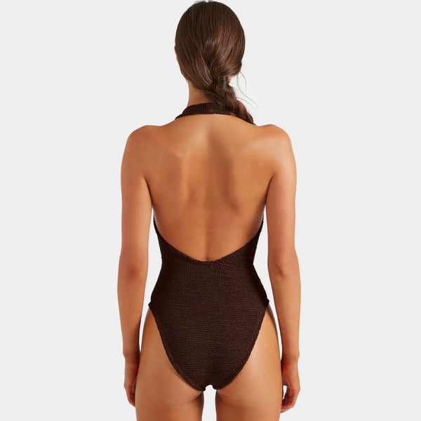 Adriana Beaded Swim - A Metallic Crinkle MEtallic Chocolate
