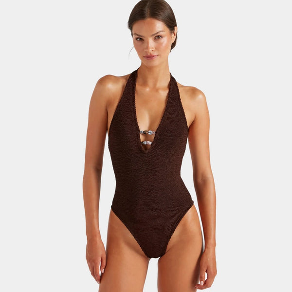 Adriana Beaded Swim - A Metallic Crinkle MEtallic Chocolate