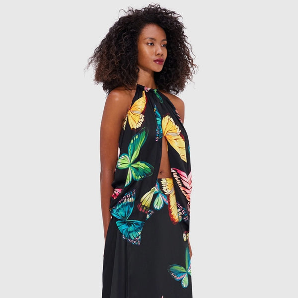 Alyssa Draped Halter Top  & Camila Maxi Skirt (Set) - Papillon Print in Black - 8 - 10