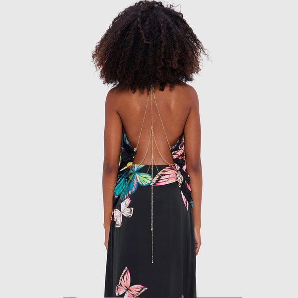 Alyssa Draped Halter Top  & Camila Maxi Skirt (Set) - Papillon Print in Black - 8 - 10