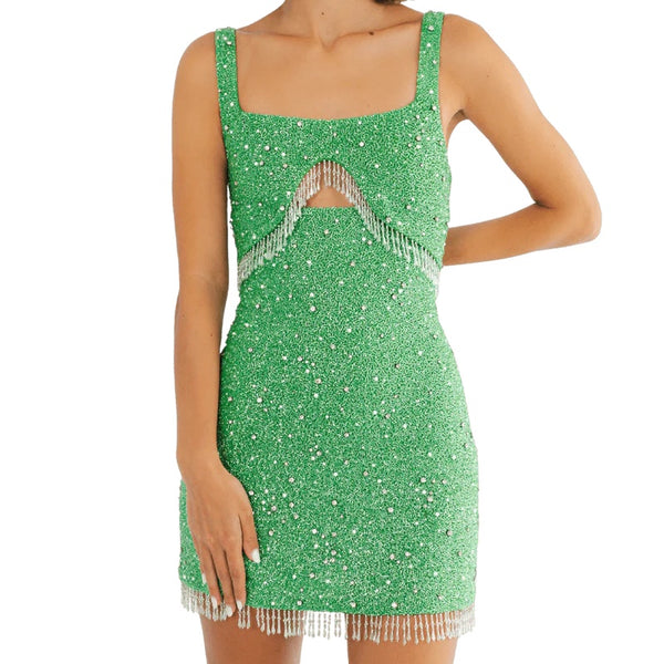 Artemis Green Beaded Tasseled Mini Dress – Daphne x Oceanus - XS