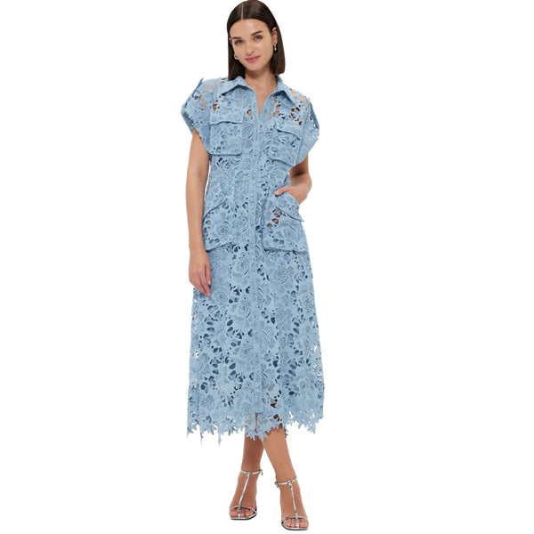 Audrey Lace Pocket Shirt Midi Dress Powder Blue