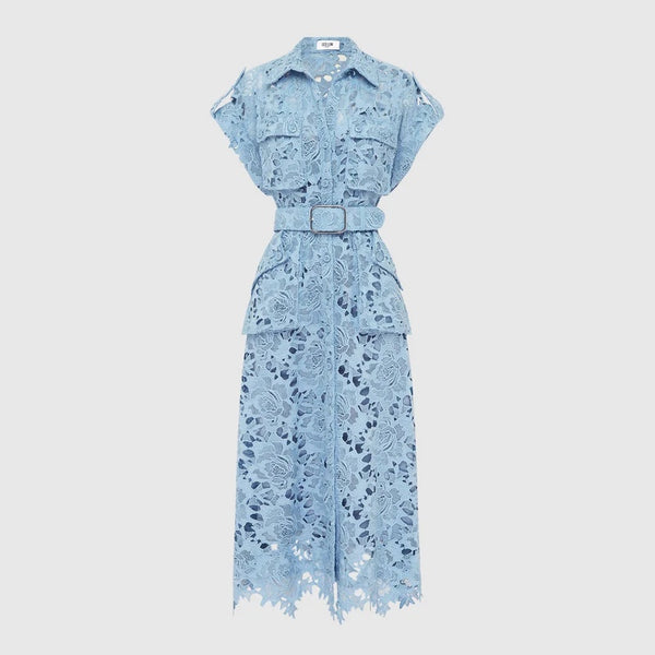 Audrey Lace Pocket Shirt Midi Dress Powder Blue