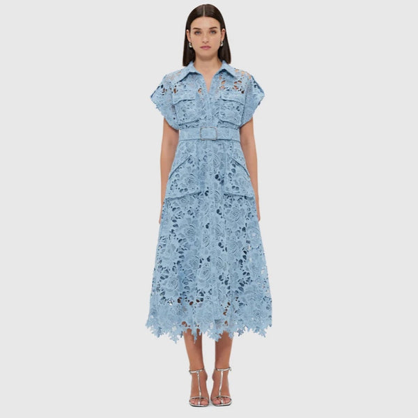 Audrey Lace Pocket Shirt Midi Dress Powder Blue