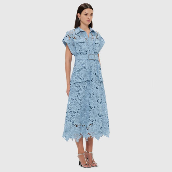 Audrey Lace Pocket Shirt Midi Dress Powder Blue