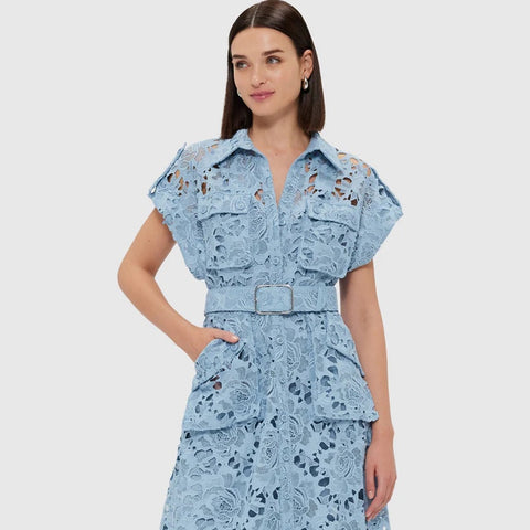 Audrey Lace Pocket Shirt Midi Dress Powder Blue