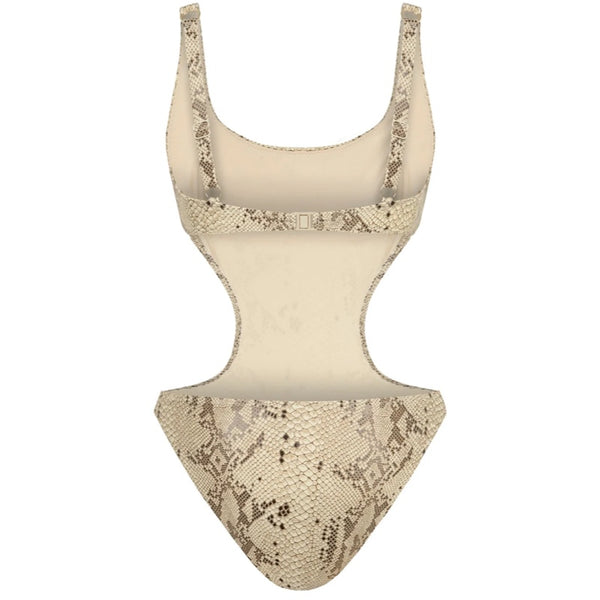 Aura U neck cut-out snake printed beige swimsuit