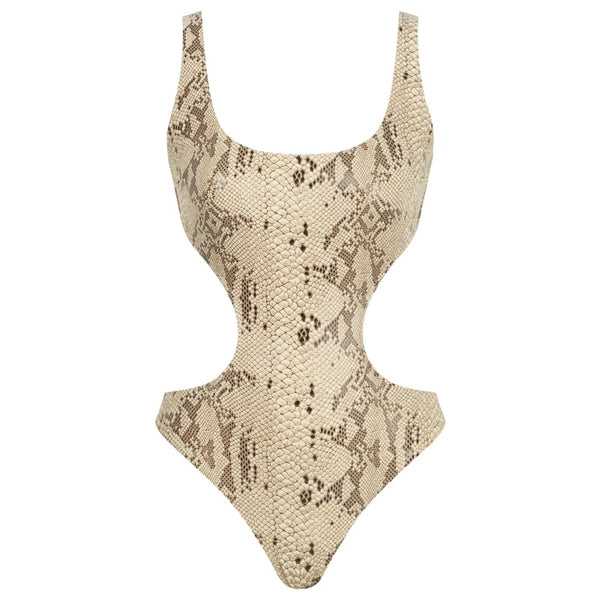 Aura U neck cut-out snake printed beige swimsuit