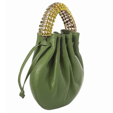 AYLA BAG - GREEN GRASS CALF LEATHER - GREEN OLIVE & YELLOW CITRINE STONES - GOLD HARDWARE