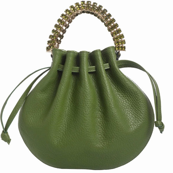AYLA BAG - GREEN GRASS CALF LEATHER - GREEN OLIVE & YELLOW CITRINE STONES - GOLD HARDWARE