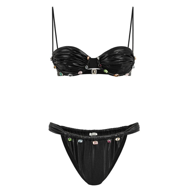 Balconette Ruched underwired black balconette bikini set embellished with premium crystals - M