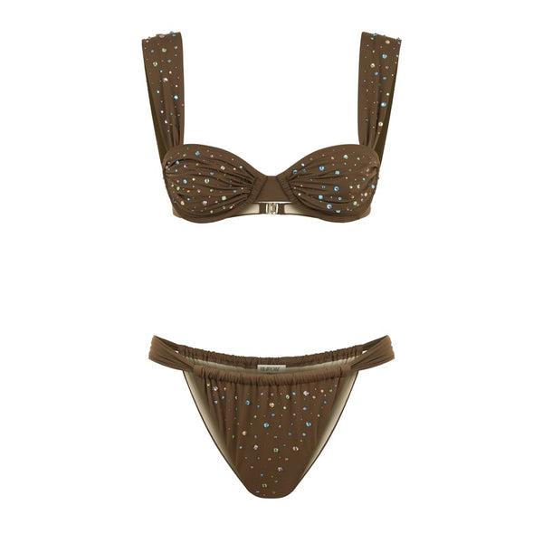 Beatrice Ruched underwired cream balconette bikini set embellished with crystals - M
