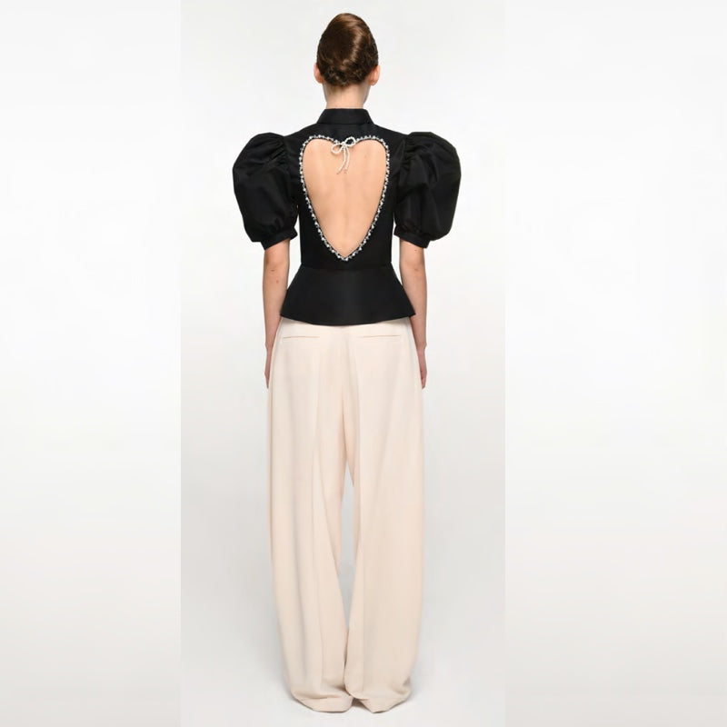 Black Taffeta Blouse With Heart Cut-Out Back With Pearls