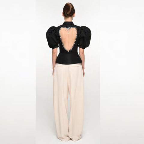 Black Taffeta Blouse With Heart Cut-Out Back With Pearls