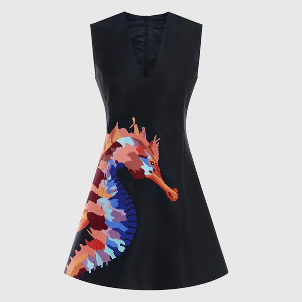 Briana V Neck Embroidery Mini Dress - Twilight Print in Black