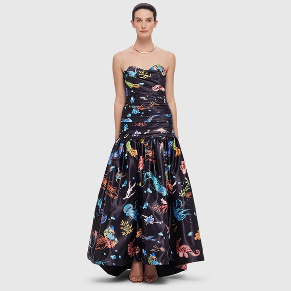 Delphine Bustier Midi Dress - Twilight Print in Black