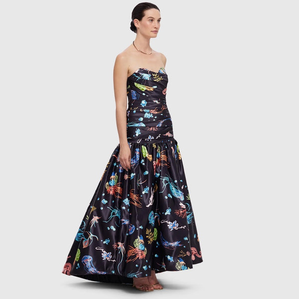 Delphine Bustier Midi Dress - Twilight Print in Black