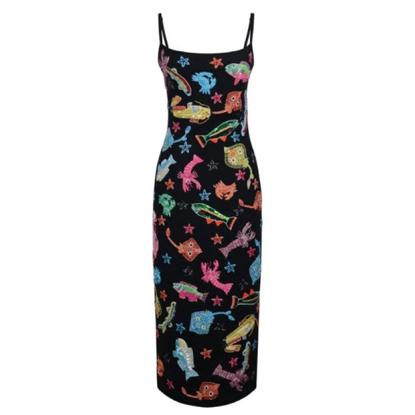 Arizona Hand Beaded Midi Dress - Black