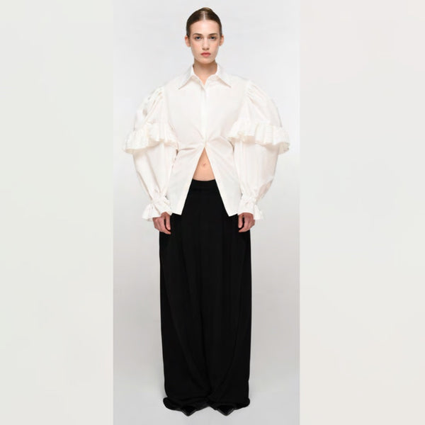 White Cotton Shirt With Open Back And Guipure Ruffles - XS