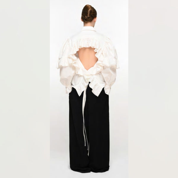 White Cotton Shirt With Open Back And Guipure Ruffles - XS