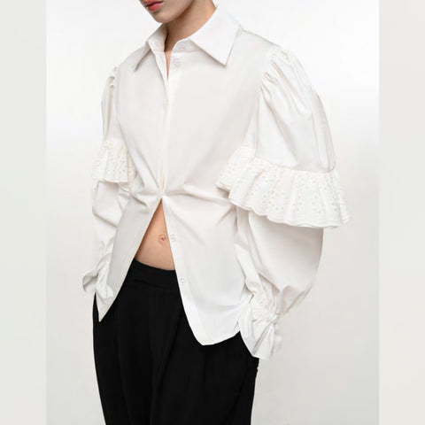 White Cotton Shirt With Open Back And Guipure Ruffles - XS