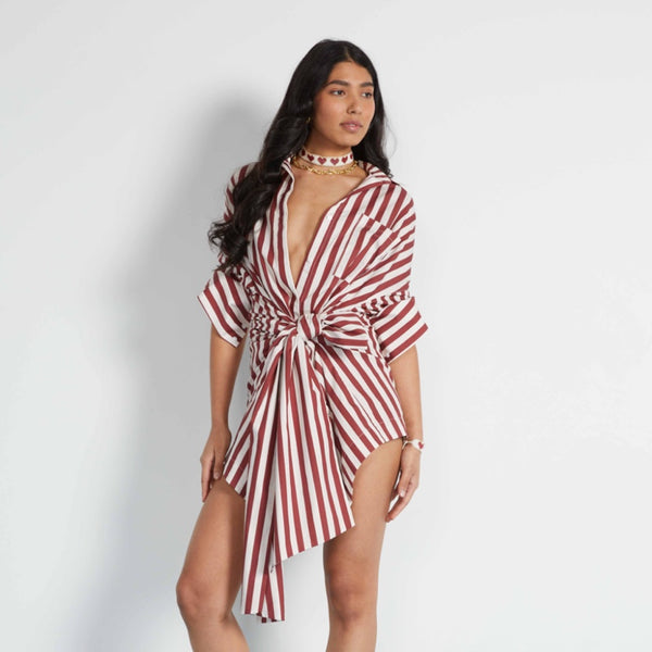 Tie Waist Shirt Dress Maroon - Size 1