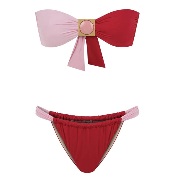 Matilda Color-block red-pink strapless bikini set with gold-plated accessories - M