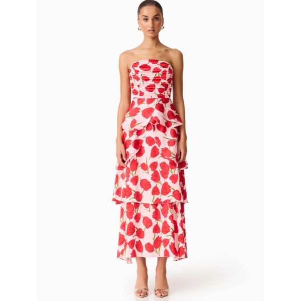Melia Tiered Gown in Pink & Red Floral - S