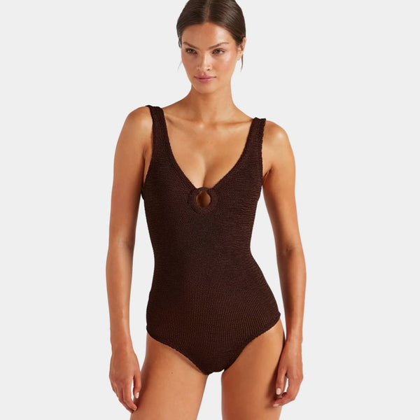 Coverage Celine Swim with fabric covered hoops - M Metallic Crinkle Metallic Chocolate