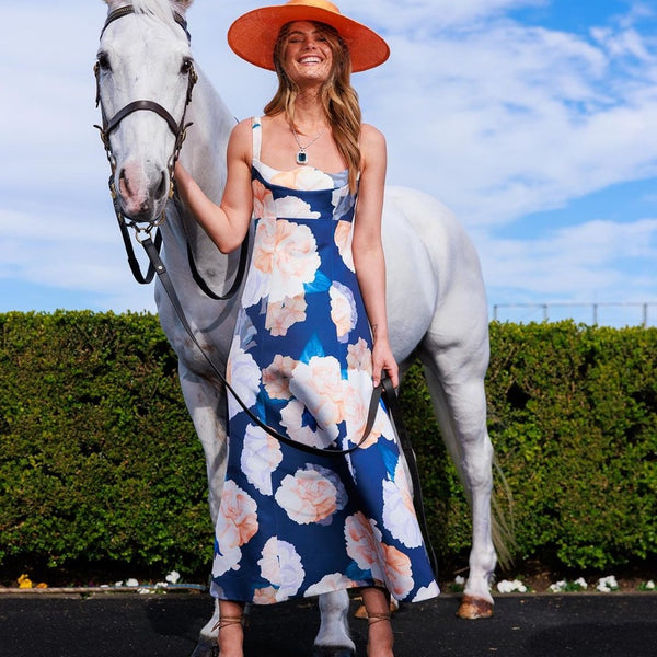 Odette Midi Dress Rose Bud Print in Navy - 10