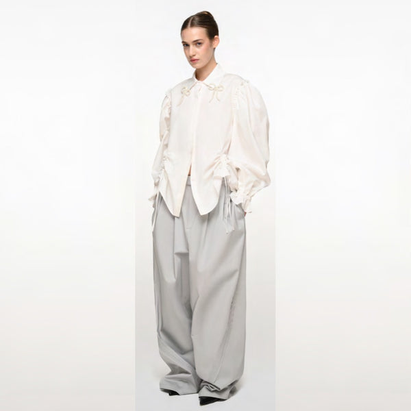 White Cotton Shirt With Pearly Bow Details On Collar - XS - S