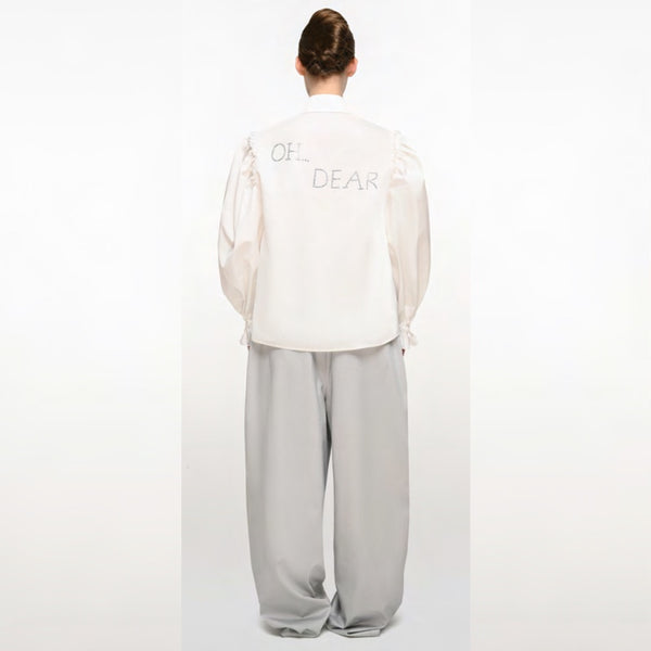 White Cotton Shirt With Pearly Bow Details On Collar - XS - S
