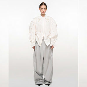 White Cotton Shirt With Pearly Bow Details On Collar - XS - S